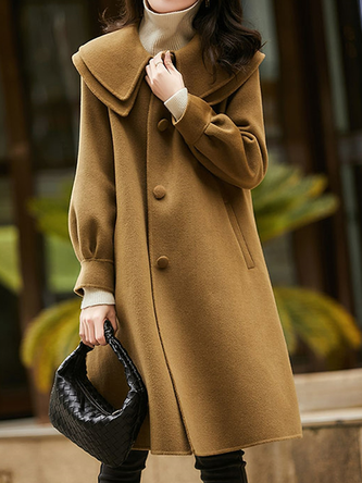 Plain Shawl Collar Woolen Casual Coat