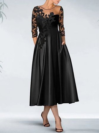 Elegant Crew Neck Lace Plain Dress With No
