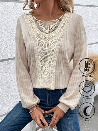 Casual Lantern Sleeve Crew Neck Lace Shirt