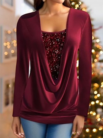 Women's Square Neck Christmas Wine Red Velvet Sequins Tops