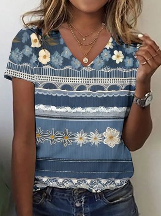 Women's Short Sleeve Tee T-shirt Summer Floral Cotton V Neck Daily ...