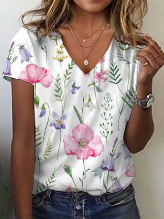 Women's Short Sleeve Tee T-shirt Summer Floral Jersey V Neck Daily ...