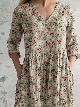 Women's Floral Long Sleeve Spring/Fall Dress V Neck Daily Casual Maxi T-Shirt Dress A-Line Dress - Image 2