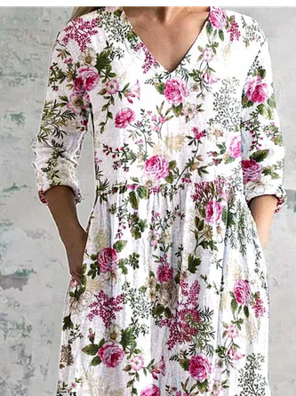 Women's Floral Long Sleeve Spring/Fall Printing Dress V Neck Daily Casual Maxi T-Shirt Dress A-Line Dress - Image 2
