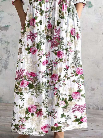 Women's Floral Long Sleeve Spring/Fall Printing Dress V Neck Daily Casual Maxi T-Shirt Dress A-Line Dress - Image 3