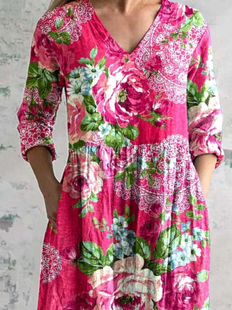 Women's Floral Long Sleeve Spring/Fall Printing Dress V Neck Daily Casual Maxi T-Shirt Dress A-Line Dress - Image 2