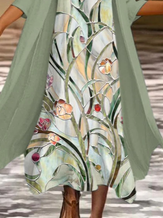 Women Floral Printing Two-Piece Set Daily Three Quarter Sleeve Casual Spring/Fall Dress With Coat Matching Set - Image 3