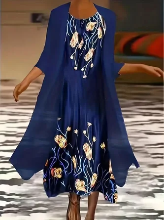 Women Floral Printing Two-Piece Set Daily Three Quarter Sleeve Casual Spring/Fall Dress With Coat Matching Set