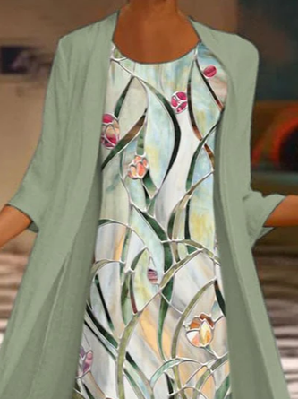 Women Floral Printing Two-Piece Set Daily Three Quarter Sleeve Casual Spring/Fall Dress With Coat Matching Set - Image 2