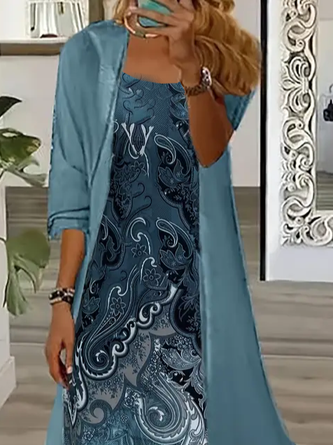 Women Floral Printing Two-Piece Set Daily Three Quarter Sleeve Casual Spring/Fall Dress With Coat Matching Set - Image 2
