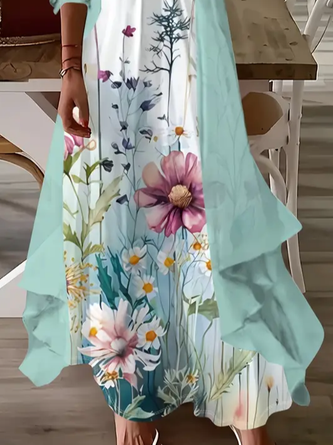 Women Floral Printing Two-Piece Set Daily Three Quarter Sleeve Casual Spring/Fall Dress With Coat Matching Set - Image 3