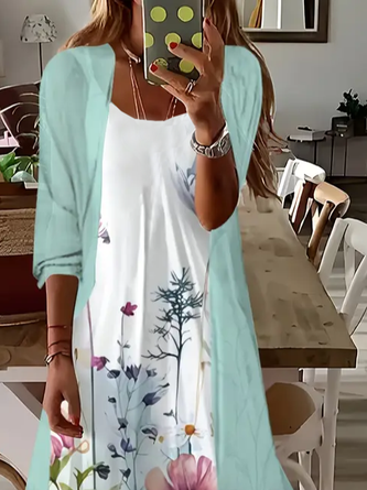 Women Floral Printing Two-Piece Set Daily Three Quarter Sleeve Casual Spring/Fall Dress With Coat Matching Set - Image 2