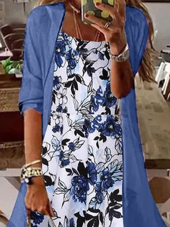Women Floral Printing Two-Piece Set Daily Three Quarter Sleeve Casual Spring/Fall Dress With Coat Matching Set - Image 2