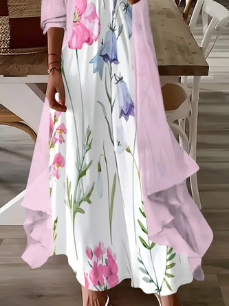 Women Floral Printing Two-Piece Set Daily Three Quarter Sleeve Casual Spring/Fall Dress With Coat Matching Set - Image 3