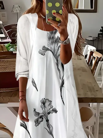 Women Floral Printing Two-Piece Set Daily Three Quarter Sleeve Casual Spring/Fall Dress With Coat Matching Set - Image 2