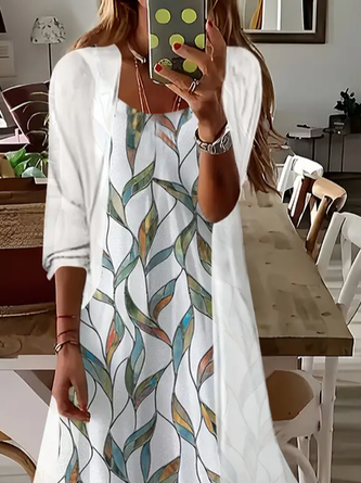 Women Floral Printing Two-Piece Set Daily Three Quarter Sleeve Casual Spring/Fall Dress With Coat Matching Set - Image 2