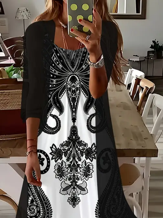 Women Floral Printing Two-Piece Set Daily Three Quarter Sleeve Casual Spring/Fall Dress With Coat Matching Set - Image 2