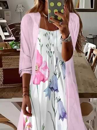 Women Floral Printing Two-Piece Set Daily Three Quarter Sleeve Casual Spring/Fall Dress With Coat Matching Set - Image 2