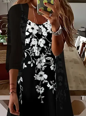 Women Floral Printing Two-Piece Set Daily Three Quarter Sleeve Casual Spring/Fall Dress With Coat Matching Set - Image 2