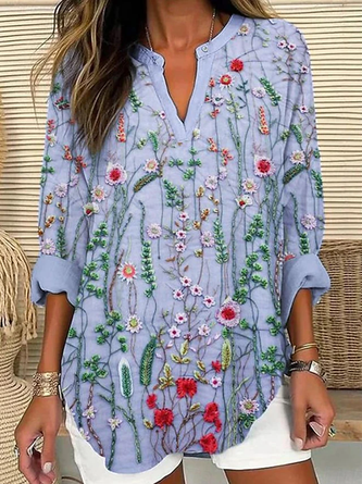 Floral V Neck Tab Long Sleeve Blouse
