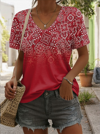 Ethnic Geometry Short Sleeve Tee T shirt V Neck Casual Summer Top