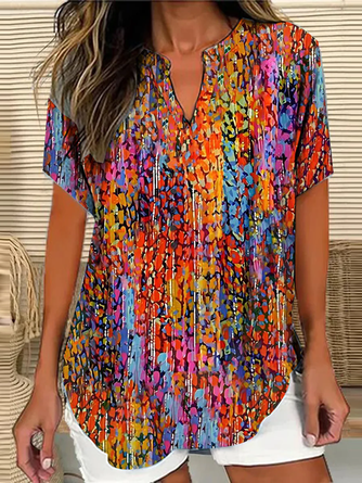 Geometric Shawl Collar Half Sleeve Blouse Casual Daily Summer Top