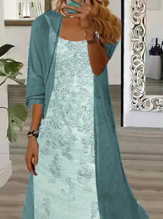 Women Floral Printing Two-Piece Set Daily Three Quarter Sleeve Casual Spring/Fall Dress With Coat Matching Set - Image 2