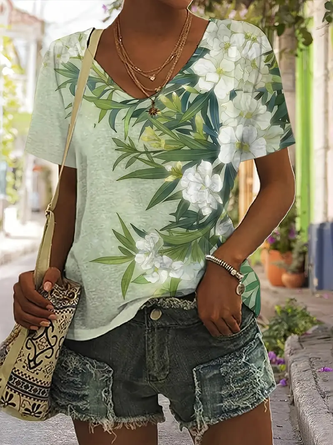 Women Floral Short Sleeve Tee T-shirt V Neck Printing Casual Summer ...