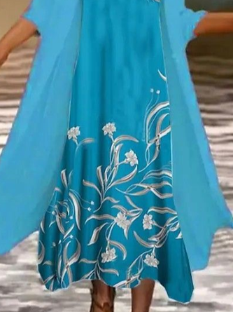 Women Floral Printing Two-Piece Set Daily Three Quarter Sleeve Casual Spring/Fall Dress With Coat Matching Set - Image 3