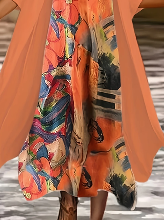 Women Abstract Printing Two-Piece Set Daily Three Quarter Sleeve Casual Spring/Fall Dress With Coat Matching Set - Image 3
