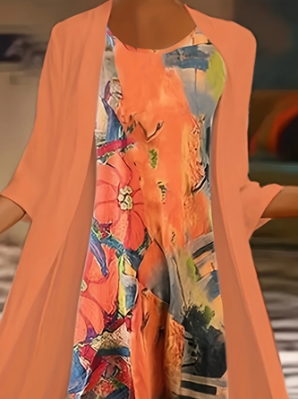 Women Abstract Printing Two-Piece Set Daily Three Quarter Sleeve Casual Spring/Fall Dress With Coat Matching Set - Image 2