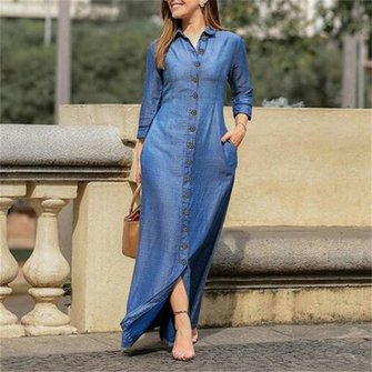 Women Plain Long Sleeve Spring/Fall Dress Stand Collar Daily Casual Maxi Shirt Dress H-Line Dress - Image 2