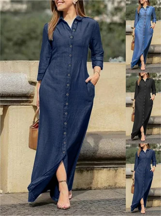 Women Plain Long Sleeve Spring/Fall Dress Stand Collar Daily Casual Maxi Shirt Dress H-Line Dress