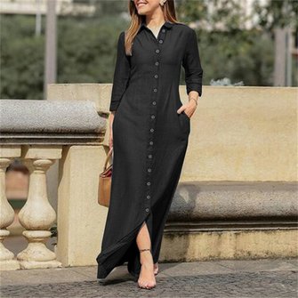 Women Plain Long Sleeve Spring/Fall Dress Stand Collar Daily Casual Maxi Shirt Dress H-Line Dress - Image 3