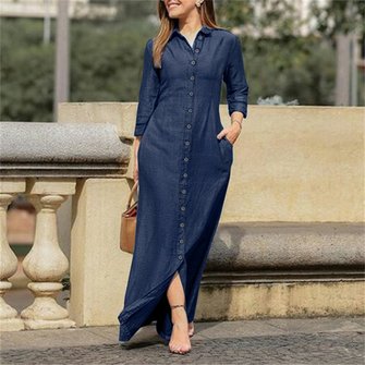Women Plain Long Sleeve Spring/Fall Dress Stand Collar Daily Casual Maxi Shirt Dress H-Line Dress - Image 4