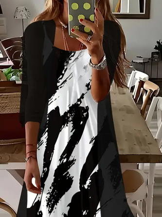 Women Abstract Printing Two-Piece Set Daily Three Quarter Sleeve Casual Spring/Fall Dress With Coat Matching Set - Image 2