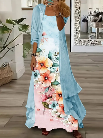 Women Floral Printing Two-Piece Set Daily Three Quarter Sleeve Casual Spring/Fall Dress With Coat Matching Set 1 Women Floral Printing Two-Piece Set Daily Three Quarter Sleeve Casual Spring/Fall Dress With Coat Matching Set