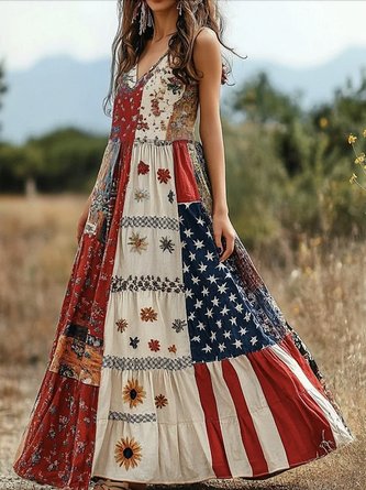 Floral Sleeveless V Neck Dress Daily Casual Maxi Line Summer Dress