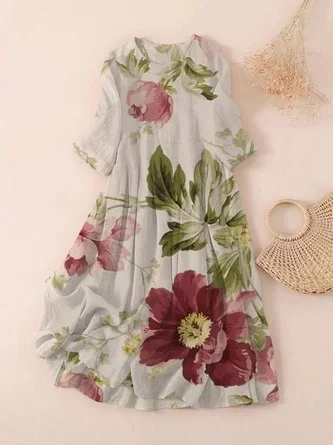 Women Floral Three Quarter Sleeve Spring/Fall Printing Dress Crew Neck Daily Casual Maxi Classic H-Line Dress