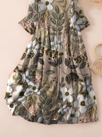 Women Floral Three Quarter Sleeve Spring/Fall Printing Dress Crew Neck Daily Casual Maxi Classic H-Line Dress - Image 3