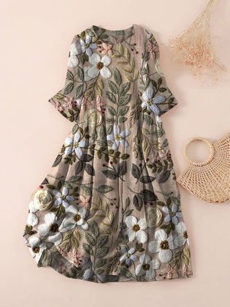 Women Floral Three Quarter Sleeve Spring/Fall Printing Dress Crew Neck Daily Casual Maxi Classic H-Line Dress