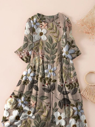 Women Floral Three Quarter Sleeve Spring/Fall Printing Dress Crew Neck Daily Casual Maxi Classic H-Line Dress - Image 2