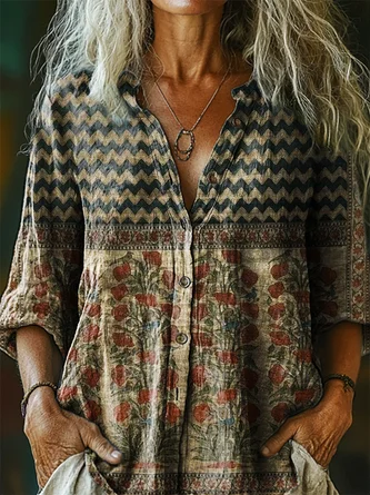 Striped Stand Collar Half Sleeve Shirt Vintage Daily Summer Top