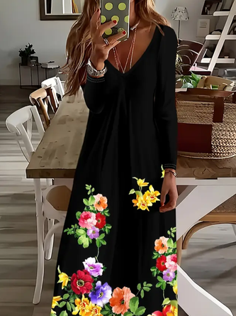 Women Abstract Long Sleeve Spring/Fall Printing Dress V Neck Daily Casual Maxi H-Line Dress - Image 2