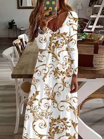 Women Floral Long Sleeve Spring/Fall Printing Dress V Neck Daily Casual Maxi H-Line Dress - Image 2