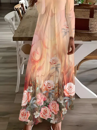 Women Floral Long Sleeve Spring/Fall Printing Dress V Neck Daily Casual Maxi H-Line Dress - Image 3