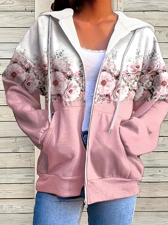 Women Spring/Fall Outerwear Casual Printing Floral Long Sleeve Hoodie ...