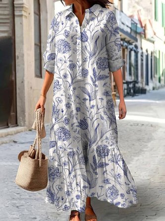 Women Floral Long Sleeve V Neck Dress Daily Casual Maxi Shirt Dress A-Line Spring/Fall Dress - Image 2