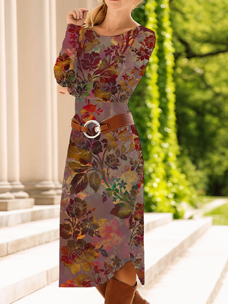 Women Floral Long Sleeve Spring/Fall Dress Crew Neck Daily Casual Midi T-Shirt Dress A-Line Dress - Image 2