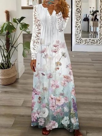 Women Floral Long Sleeve Spring/Fall Printing Dress V Neck Daily Vintage Maxi T-Shirt Dress A-Line Dress - Image 2